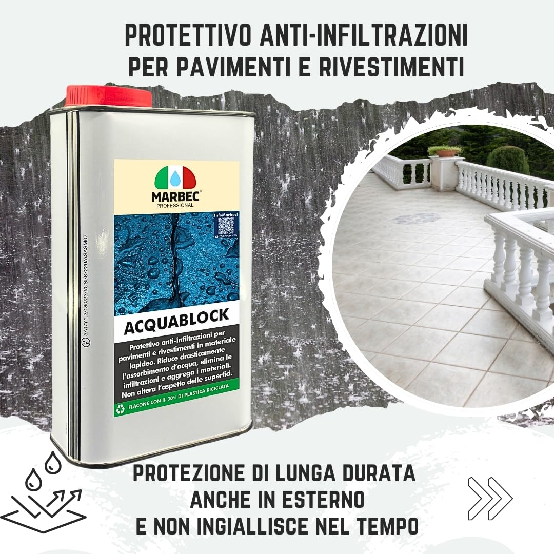 MARBEC ACQUABLOCK 1LT Protettivo consolidante anti infiltrazioni invisibile per pavimenti, rivestimenti, terrazze e docce interne ed esterne