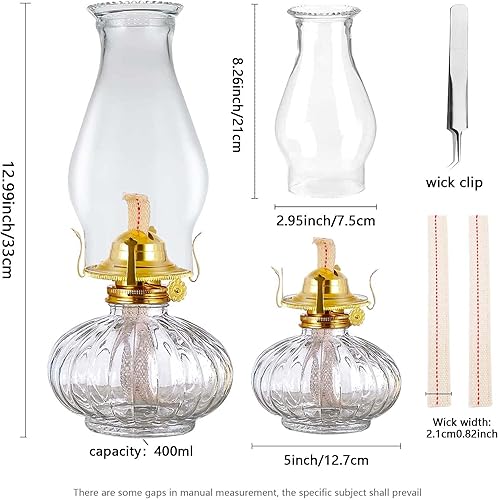 Miniatura 8 de Lámpara de aceite grande para uso en interiores, lámpara rústica de queroseno con 2 mechas y 1 pinzas, linterna de huracán de vidrio para