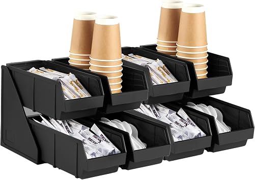 CURTA Black Self Serve Condiment Bin Stand Set, 2-Tier Stand with 8 Bins, 22.5" D x16 W x 9.5" H, Coffee Bar Beverage Station