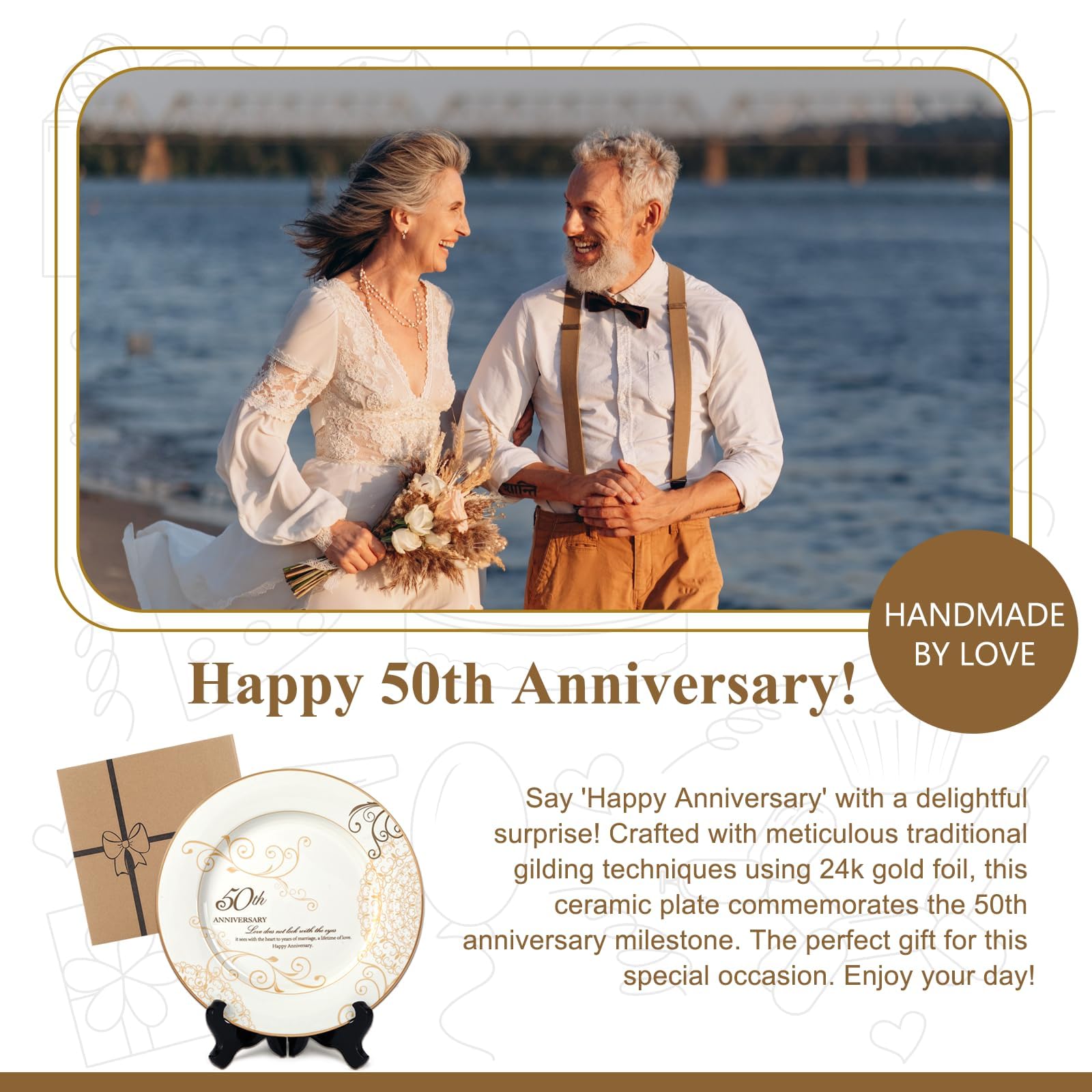 Urllinz Plato de 50 aniversario de boda, 50 aniversario de boda, regalo para parejas, 50 años de oro de boda, plato superior de porcelana de oro de 9 pulgadas para abuelos con soporte