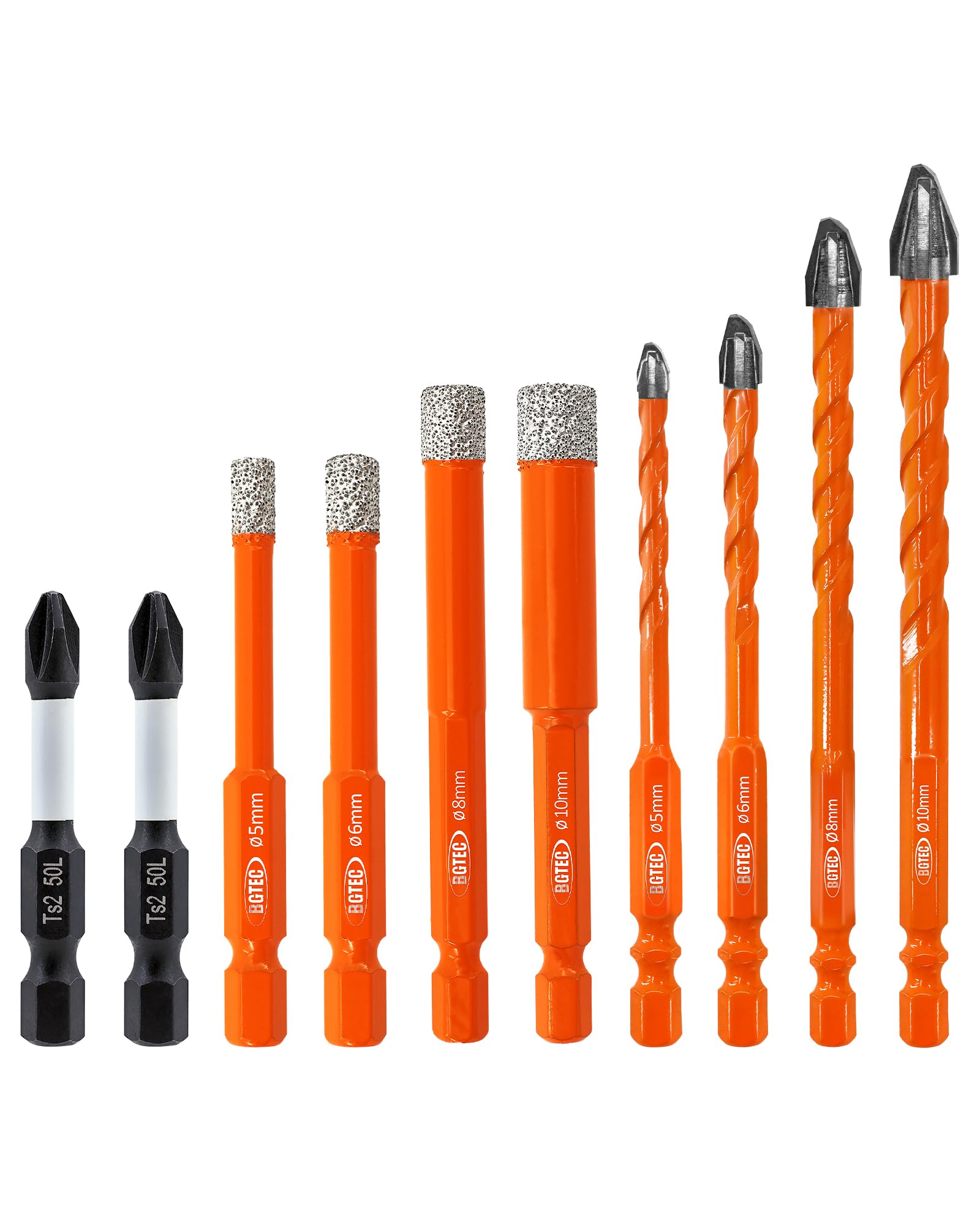 Masonry Drill Bit Set BGTEC - 10PCS 5MM - 10MM Carbide Eccentric Drill Bit & Diamond Drill bits with PH2 Screwdriver Bits for Masonry/Brick/Concrete/Tile/Glass/Wood/Plastic/Marble