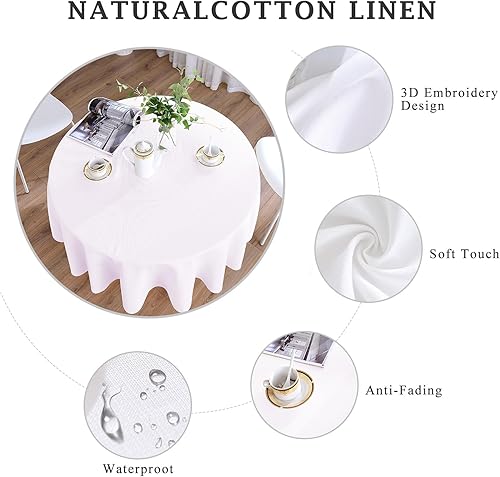 Miniatura 4 de HIGHFLY Mantel redondo de lino de 45 pulgadas, impermeable, color beige, para mesa de hablar, barra de café, Poliéster, Blanco