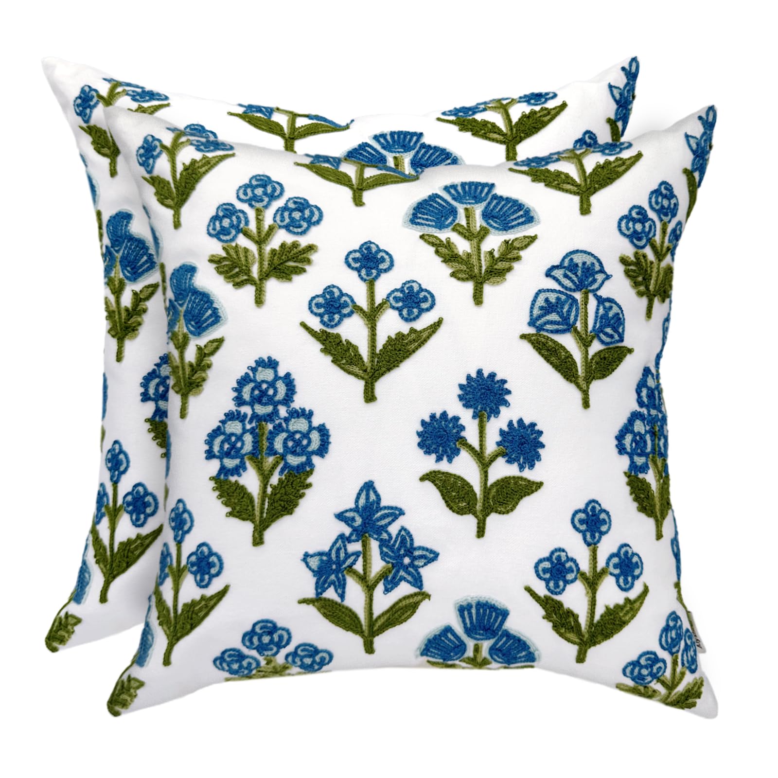Alysheer Summer Floral Embroidered Decorative Throw Pillow Covers 18"x 18" Set of 2, Farmhouse Blue Green Flowers Block Patterned Cotton Cushion Cases
