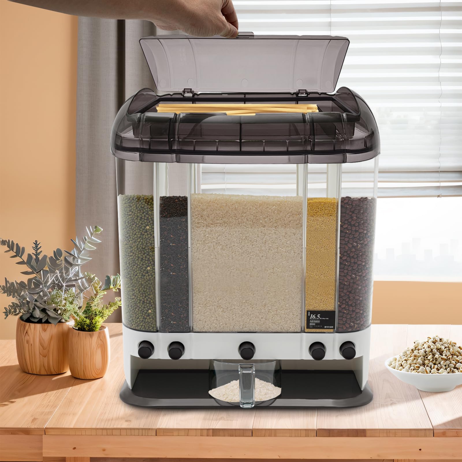 HOLMZCED 5 Grids Rice Dispenser, Dry Food Dispenser with Removable Baffles Cereal Dispenser with Measuring Cup Tabletop Grain Storage Box Coffee for Rice Cereal Grain Coffee Bean