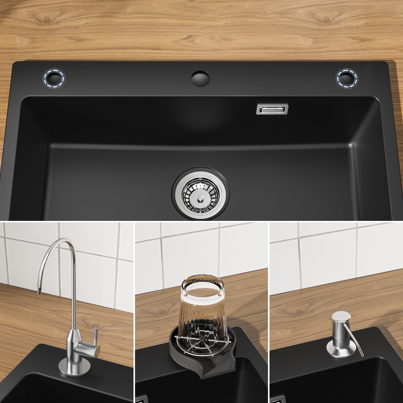 CECIPA Évier Granit Noir 70x45Cm Grand Bac, Robinet Avec Douche Extractible, Encastrable Pour Meuble 80Cm, Ensemble Vidange Inclus