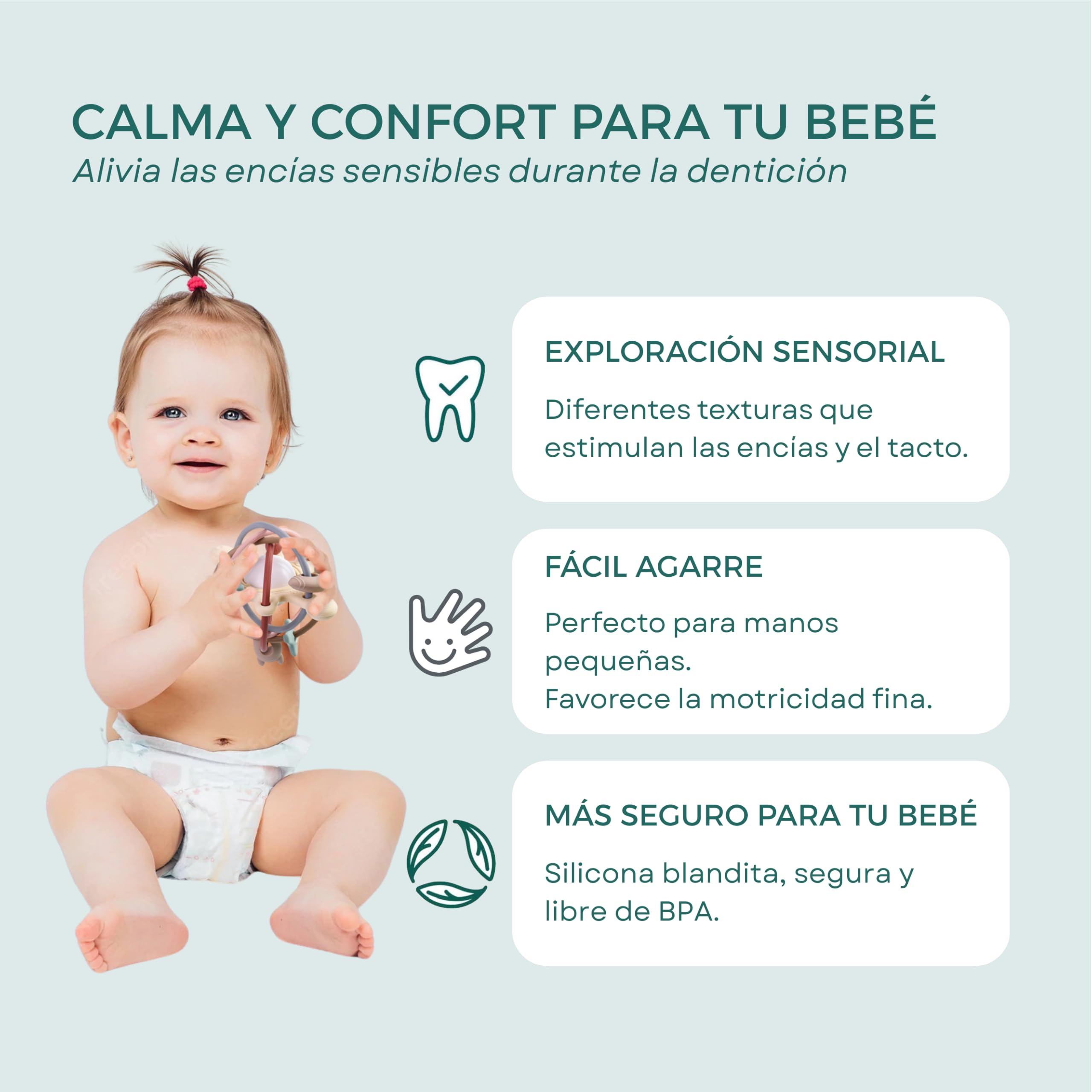 Colifree - Mordedor bebé sonajero, blandito y de fácil agarre, juguete denticion a partir de 3 meses, silicona segura libre de BPA, diseño ergonómico y con texturas — view 2