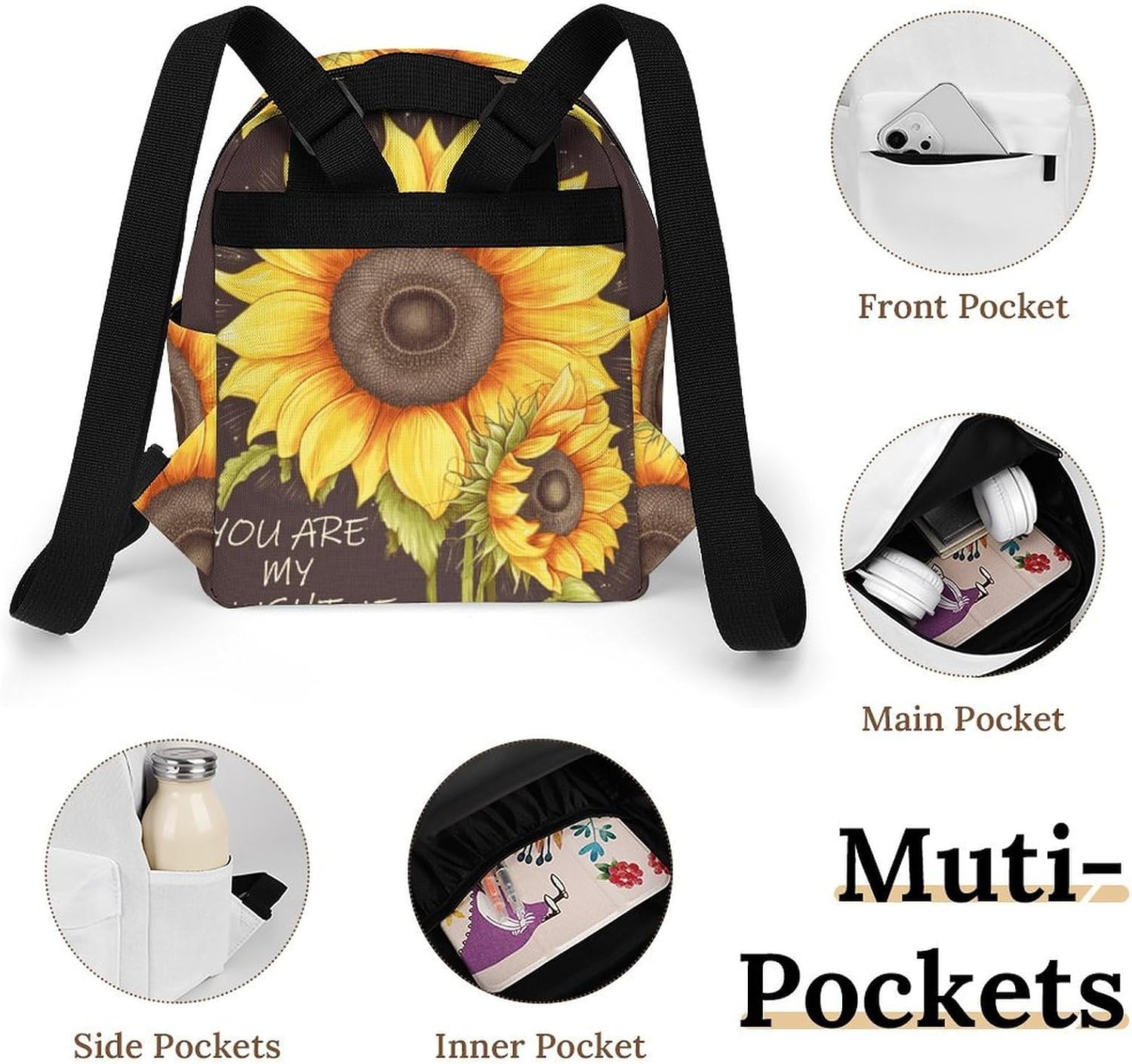 Waterproof Mini Backpack for Women - 10 Inch Oxford Lightweight Daypack Cute Bag Small Daypack You Are My Sunshine Sunflower Small Backpack Purse for Travel Work Weekender