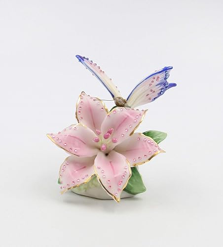 Cosmos Gifts Figura de mariposa de porcelana fina con flor de lirio Stargazer rosa, 3-1/4 pulgadas de alto