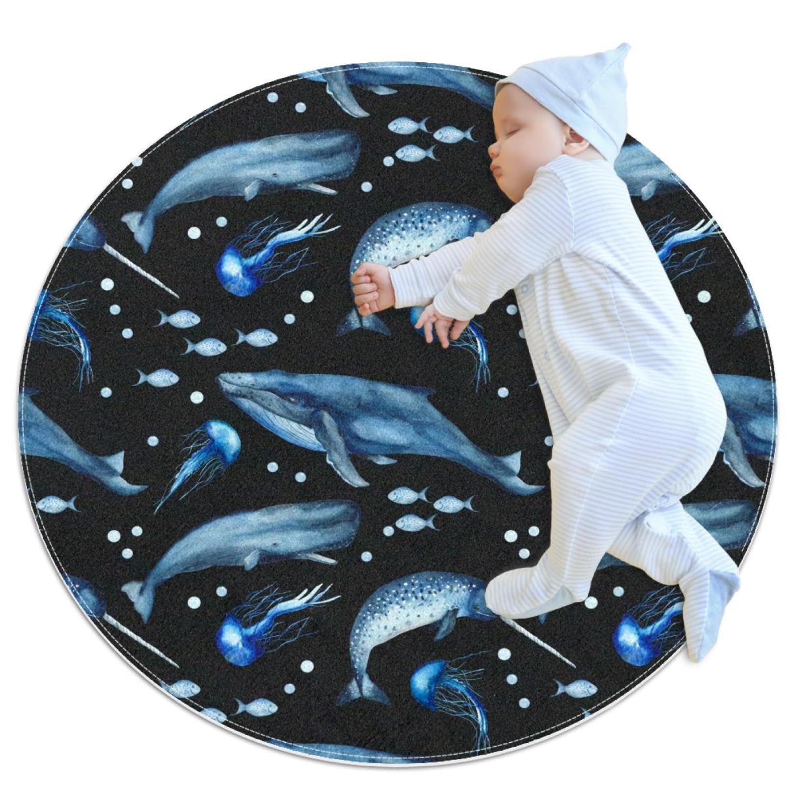 Tapis de bain sans glissade motif baleines rond 1m de diamètre