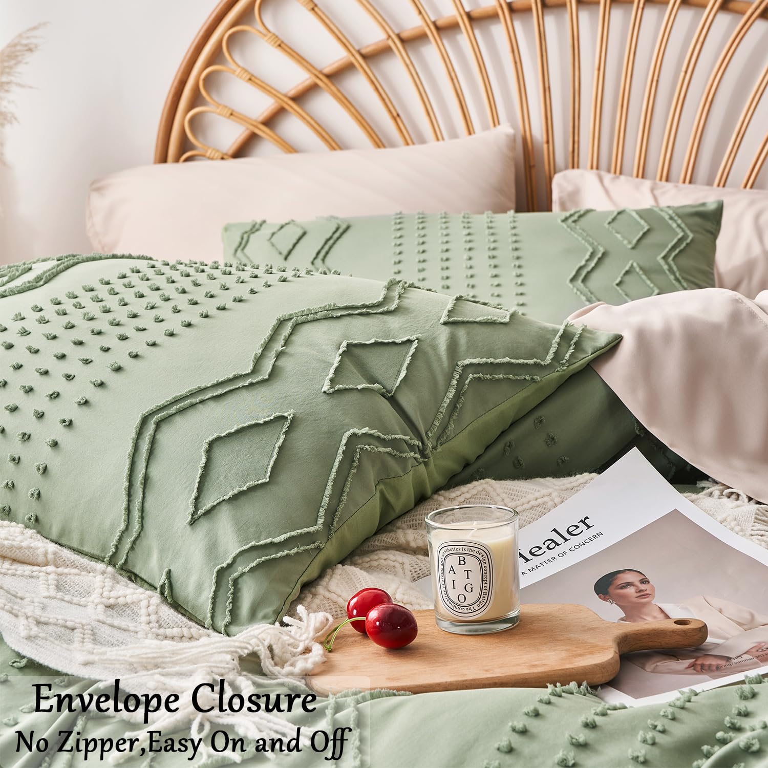 Amazon.com: Senville Sage Green Boho Duvet Cover King Size  - New OLIVE GREEN Pom Pom Fringe Duvet Cover Set main image 0