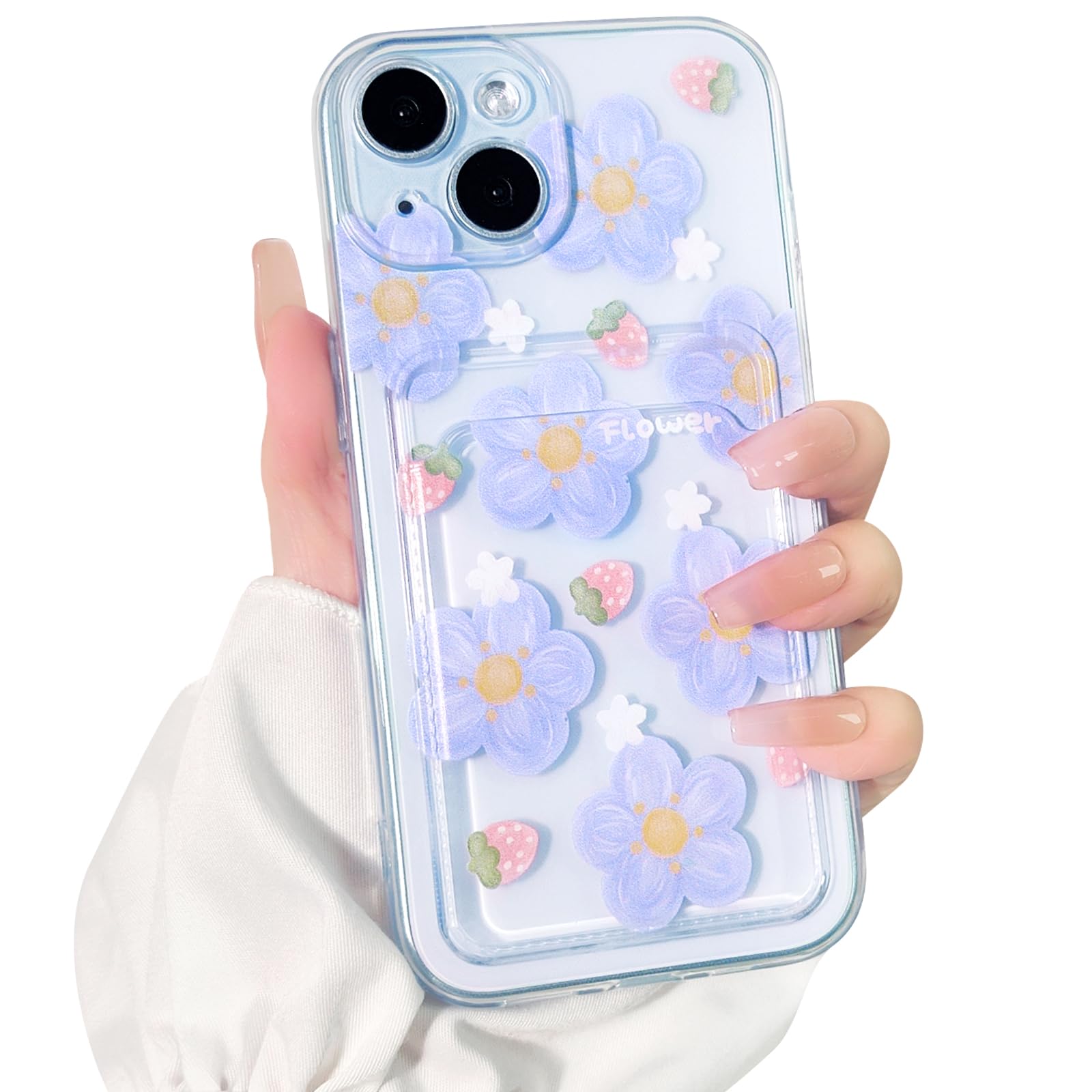 NITITOPCompatible for iPhone 15 Case Clear with Card Holder, Cute Heart Pattern Love Design for Women Girl, Protective Soft TPU Shock-absorbing Wallet Case for iPhone 15-Strawberry