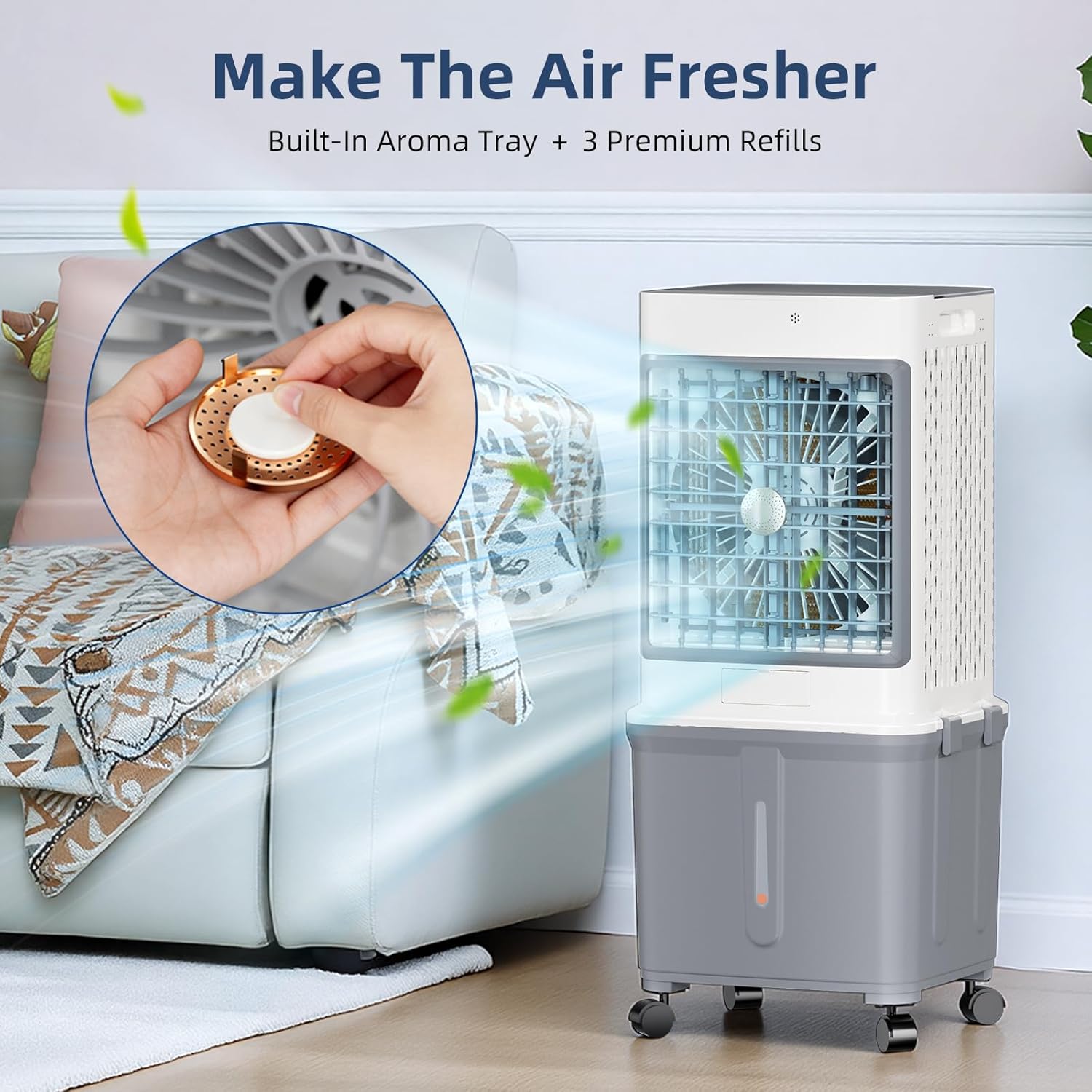 Flymoon Upgraded Cooling Technology 10 Gallon Portable Evaporative Cooler, featuring 120° oscillation, a 7-hour timer, a remote control, and a removable water tank. Includes free aroma diffuser pad.