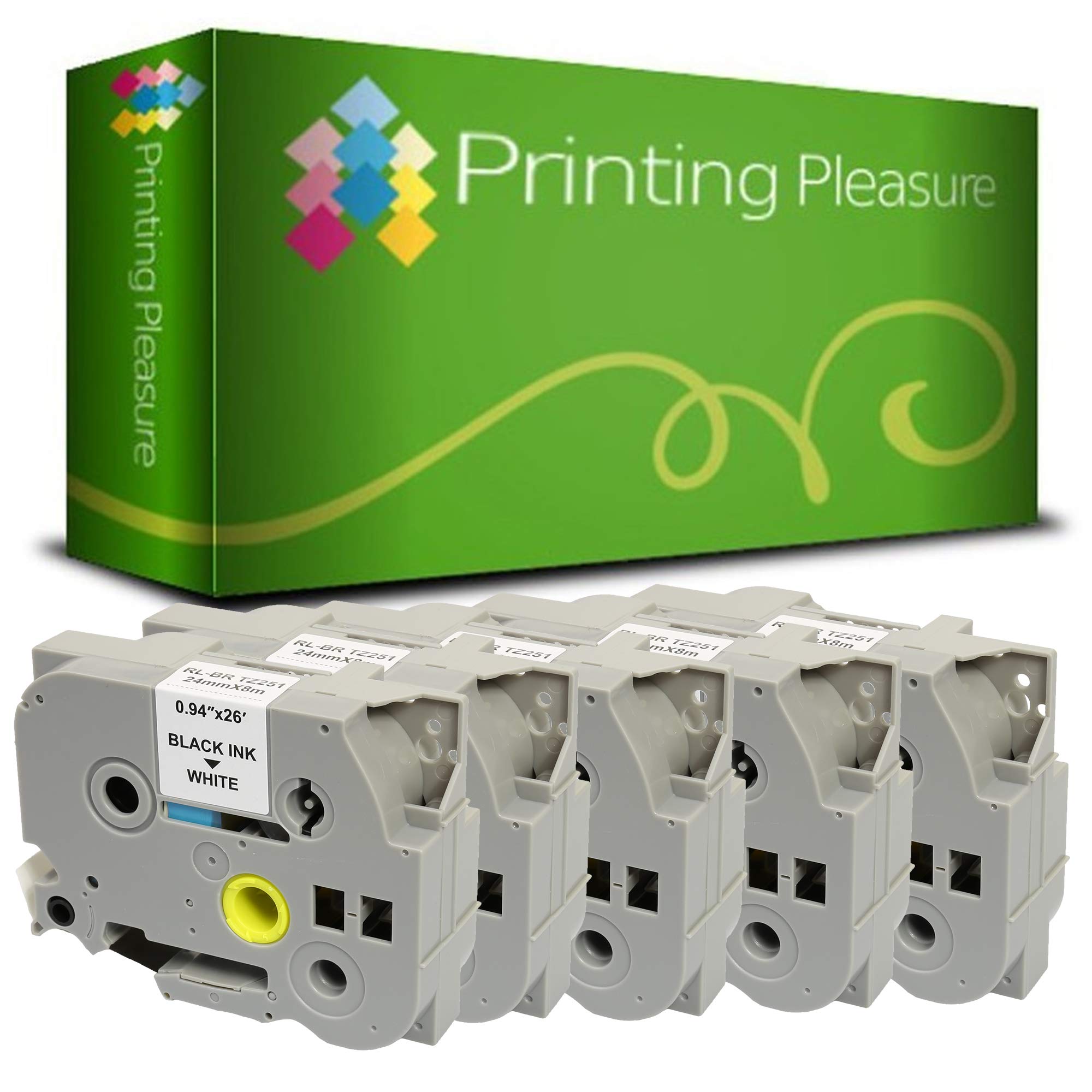 Printing Pleasure 5 x TZe-251 TZ-251 Black on White Label Tapes Compatible with P-Touch Label Printing Machines | 24mm x 8m
