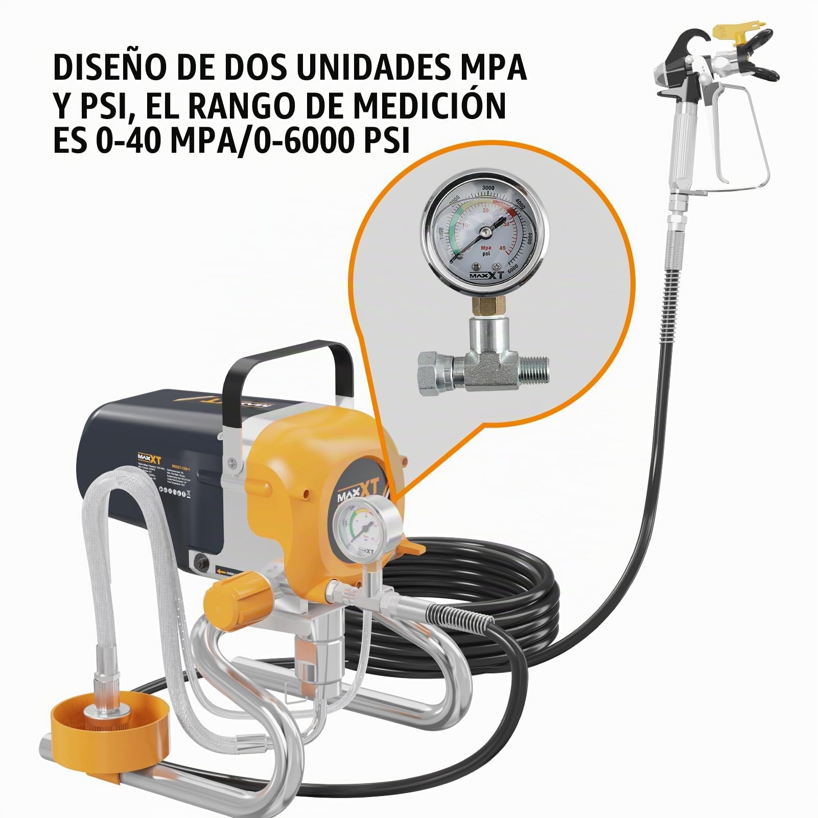 Pulverizador de Pintura sin Aire MAXXT|Alta presión de 226 Bar|200W|Caudal máx.1,6 l/min|Manguera de Alta presión de 7,5 m|Diseño Ligero de 6,7kg|para Pinturas al Agua y Barnices