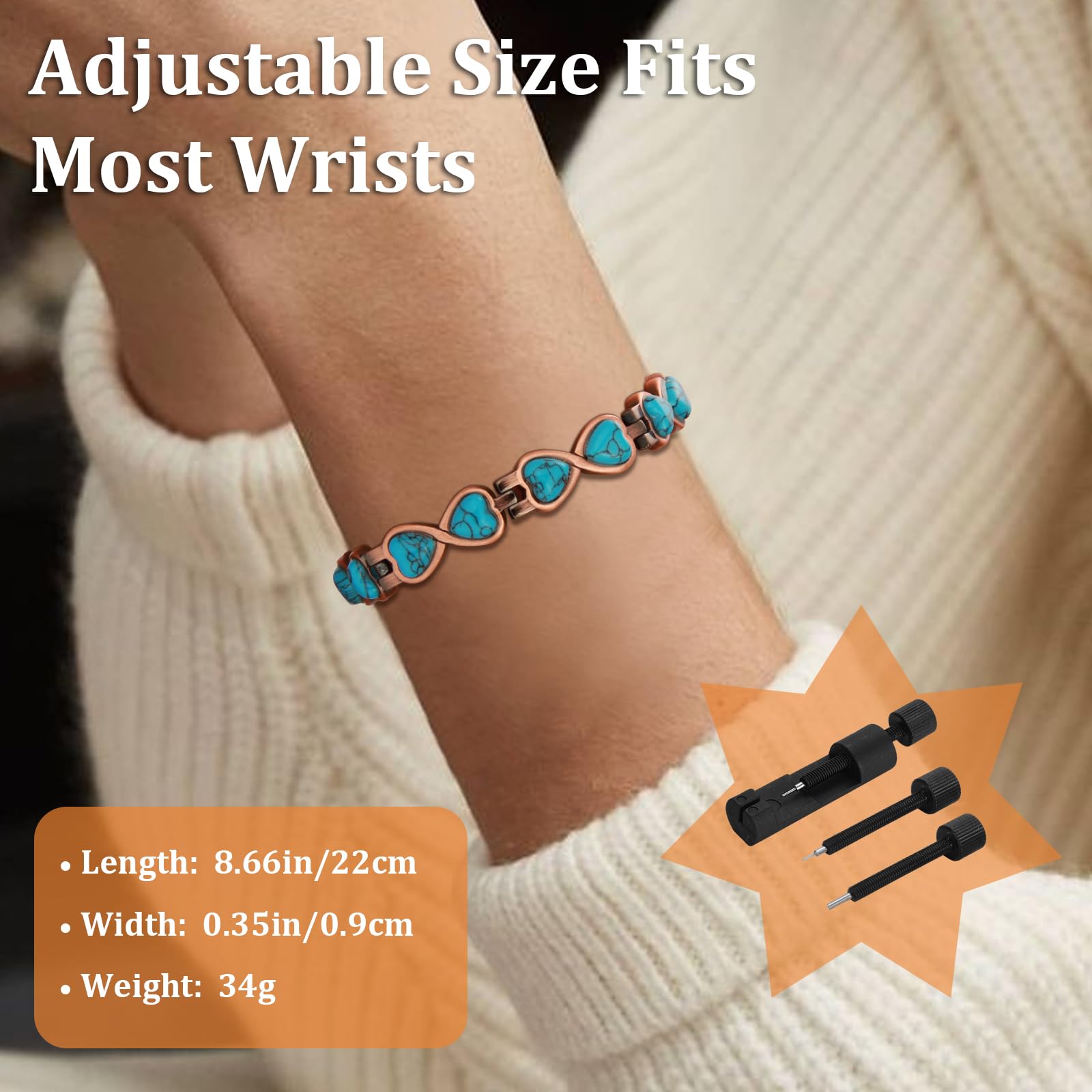 MagEnergy Bracelet en cuivre pour femme 3500 Gauss Aimants Puissants Motifs d'amour infini Turquoise