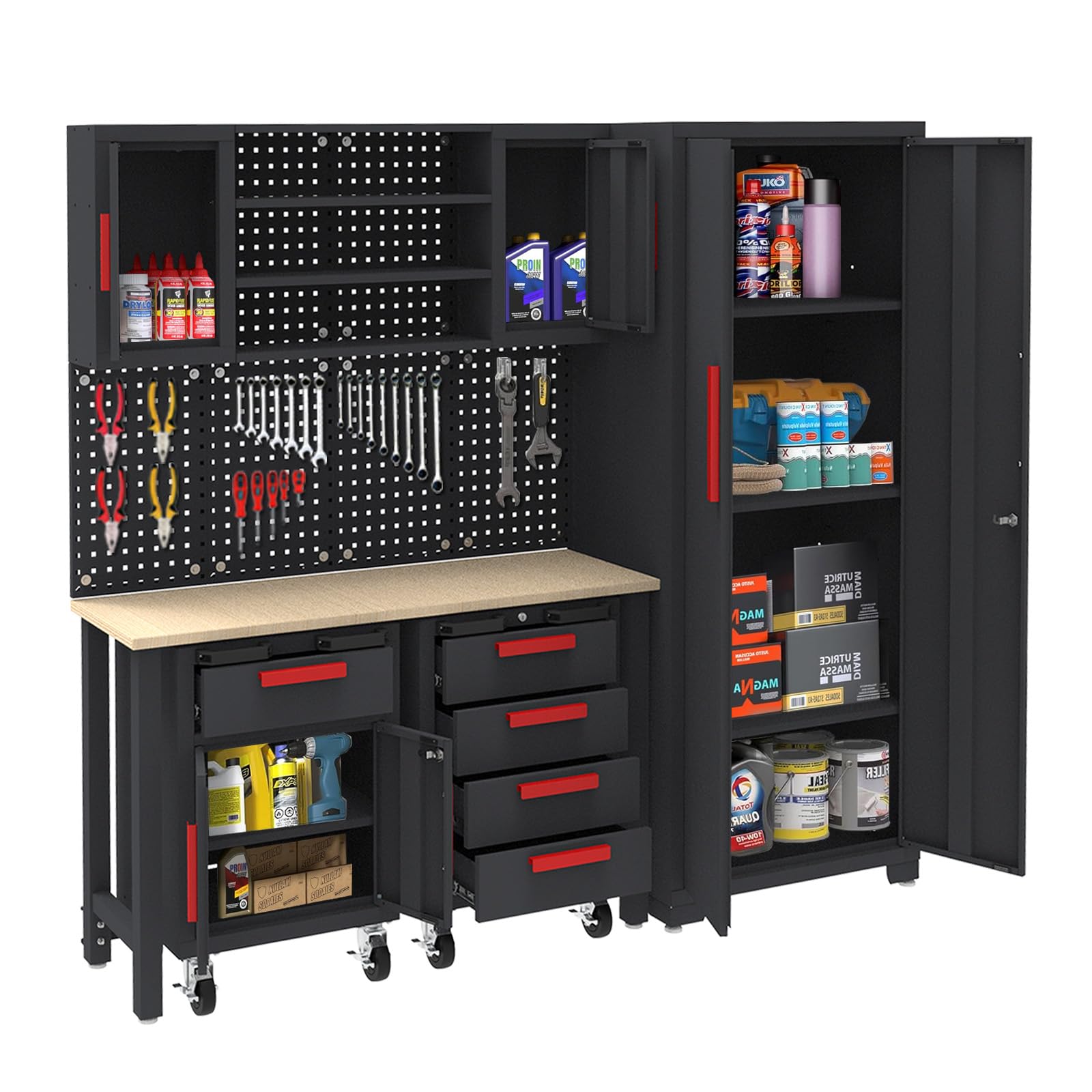 Photo 1 of 6 Piece Garage Cabinets Storage System: Includes Steel Cabinets, Drawers, Rolling Chest and Pegboard, Garage Workbench with Storage - Perfect for Organizing Garage and Tools, Black 6PCS with Pegboard RED/BLACK