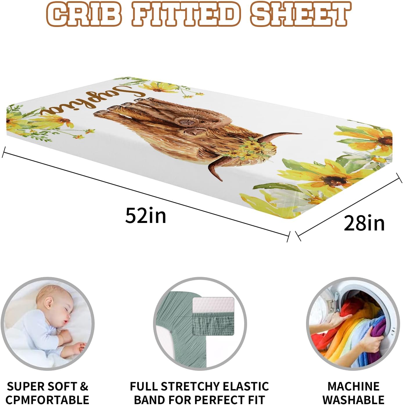 Custom Name Toddler 2 Piece Bedding for Girls - Toddler Bedding Sheets for Girls and Boys with Name, Portable Soft Cotton Fitted Sheets for Kids, Highland Cow Print
