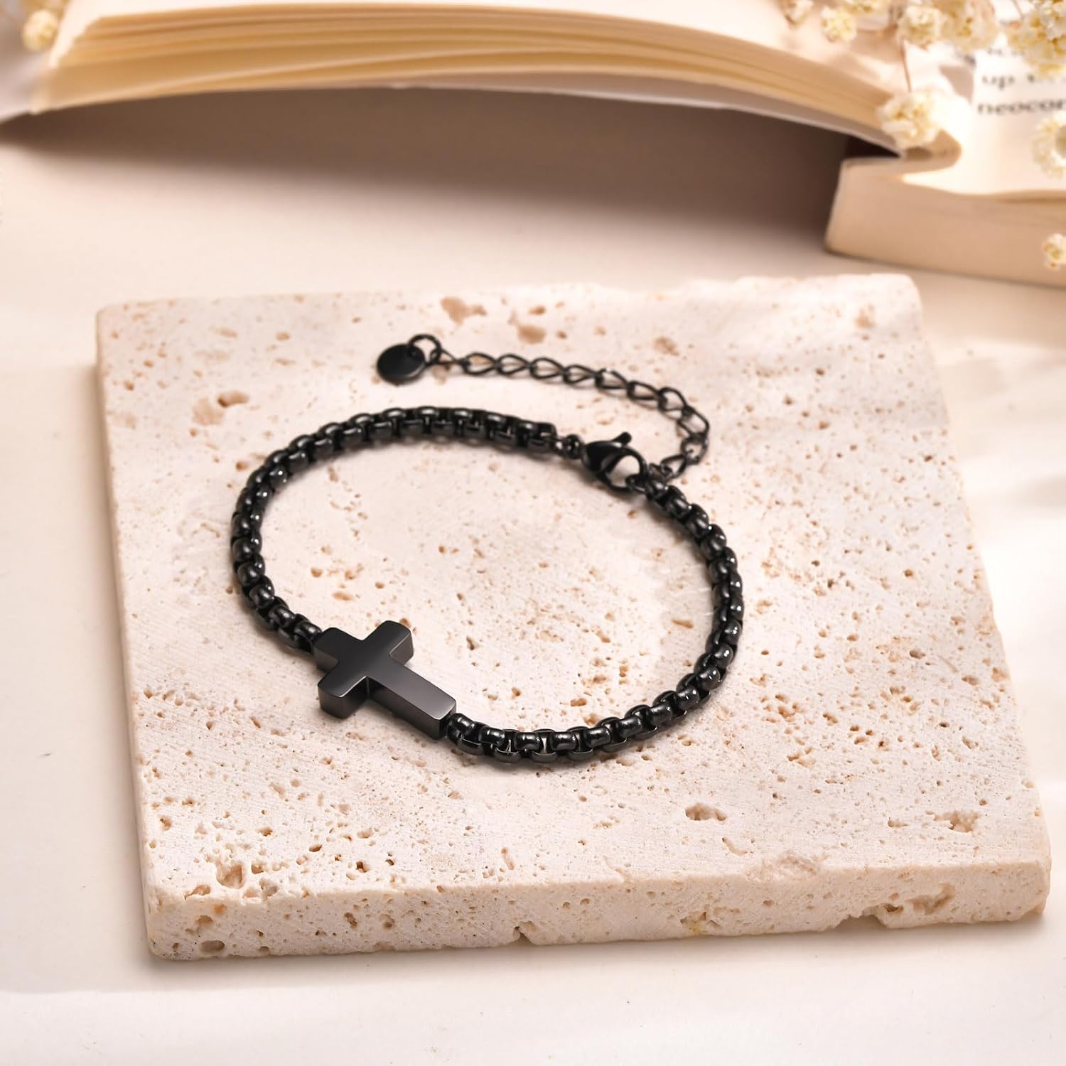 Cross Chain Bracelets for Men Women, Silver/Black Stainless Steel Cross Charms Men's Bracelet, Faith Religious Easter Catholic Christian God Jesus Communion Baptism Jewelry Gift Mens Link Bracelet - Image 5