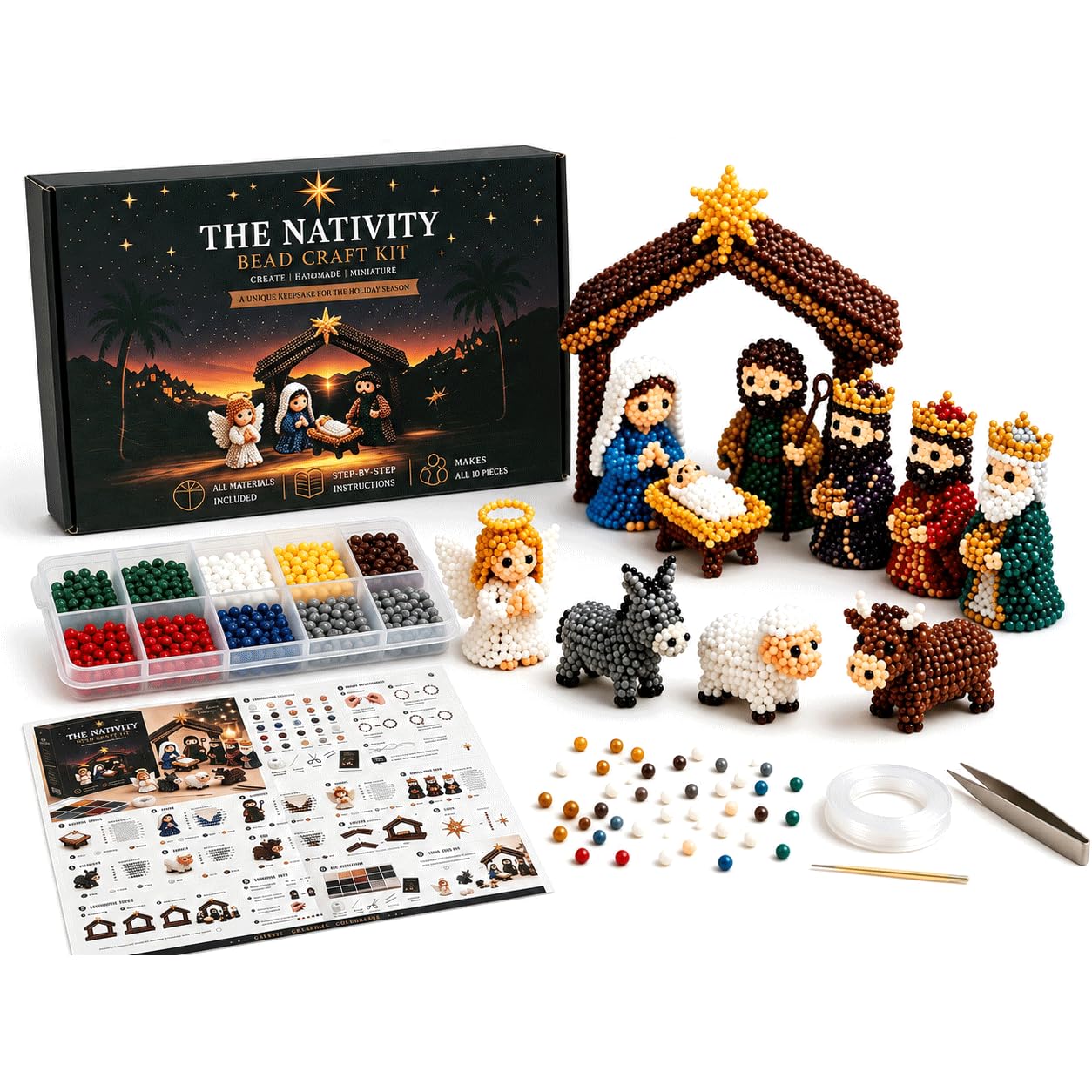DVDVBOOM 4Pcs 3D Beaded Nativity Craft DIY Kit, Tiny Bead Animal Making Kits for Adults, 3D Art Embroidery Craft Set with Cute Nativity Design, Creative Desk Christmas Decor Handmade Gift