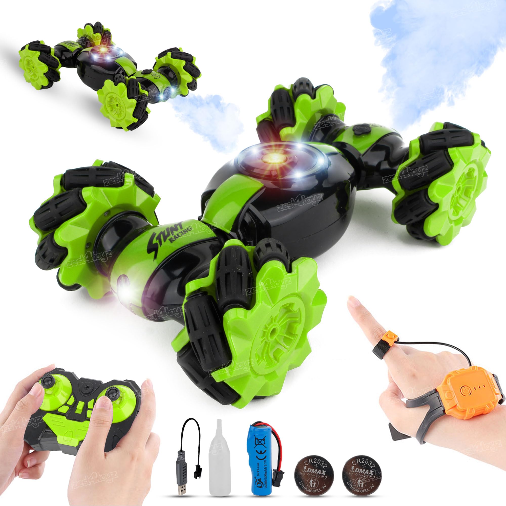 Zest 4 Toyz Remote Control Gesture Sensor Toy, RC Stunt Car 2.4Ghz 4WD Double Sided Rotating Off Road Vehicle 360° Flips with Lights - Green-image-43