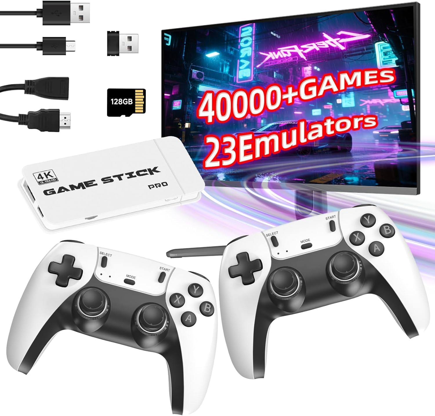 Tufertum Wireless Retro Game Console, 40,000+ Pre-installed Games, 23 Emulators, 4K HDMI, Wireless Controllers, White, TV Plug & Play, Retro Theme