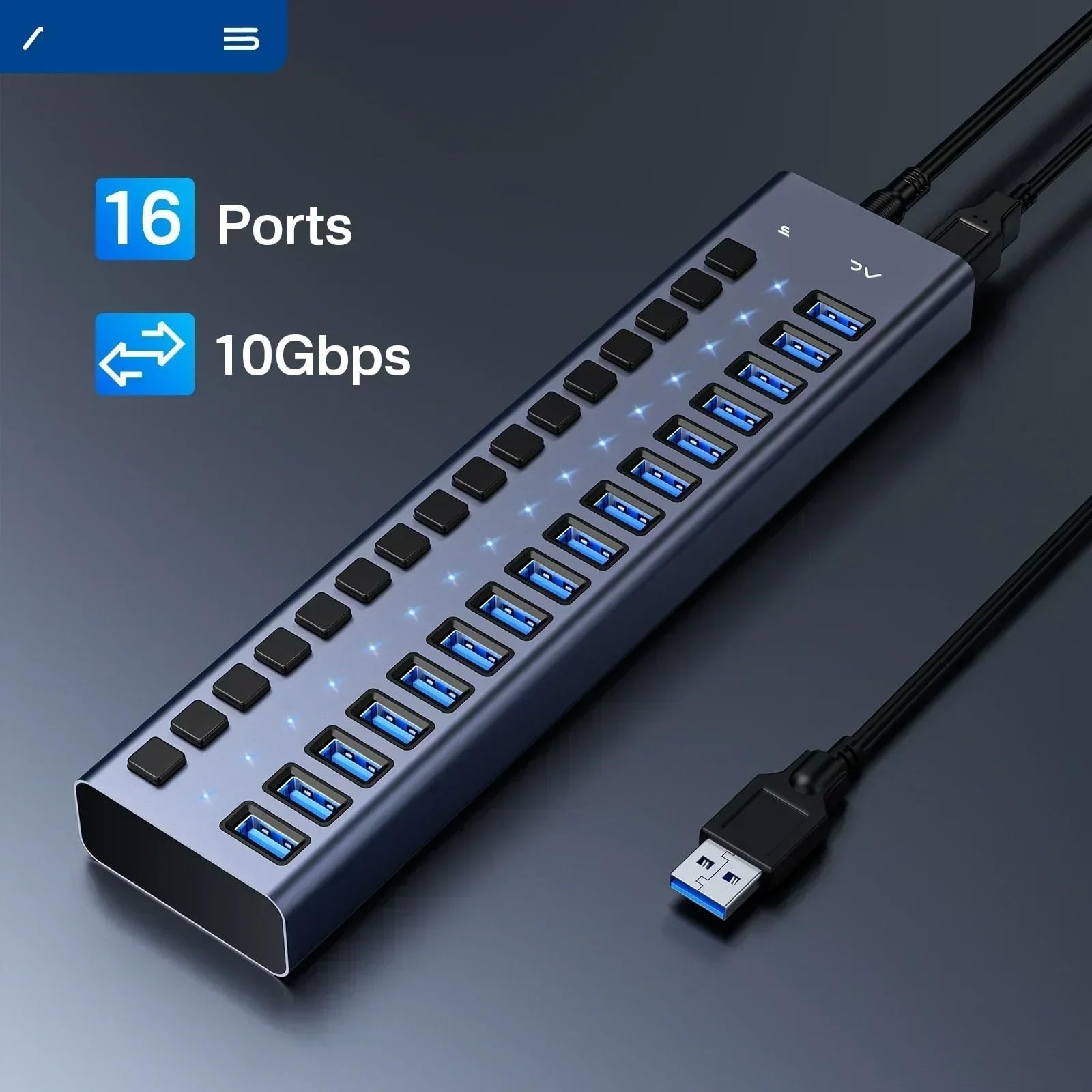 USB 3.1 10Gbps Hub 16 puertos divisor transferencia de datos carga interruptor individual luz indicadora para teclado mouse impresora (16 puertos con enchufe de la UE)