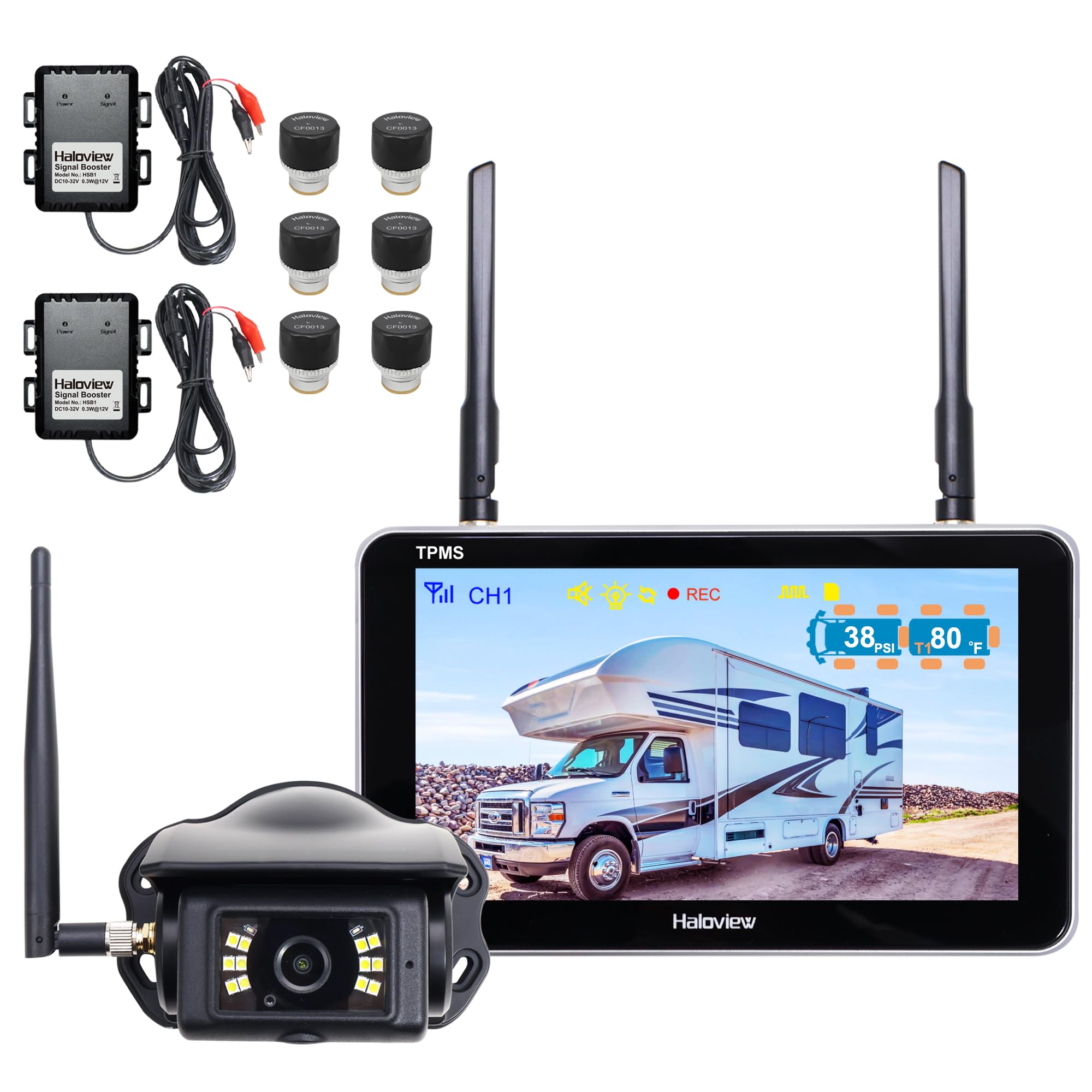 Haloview Byte Tango BT7 TPMS with 6 Sensors 1080P Wireless Backup Camera System with Integrated Rv Tire Pressure Monitoring System for RV Truck Trailer Camper TPMS-6
