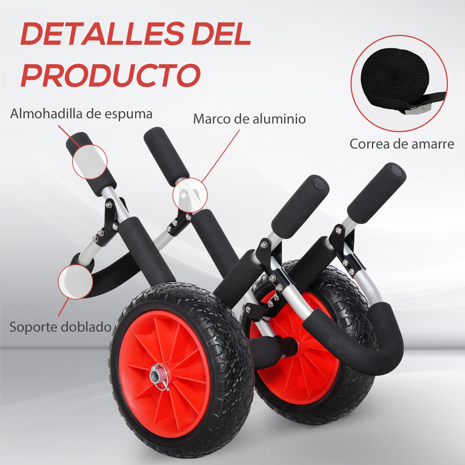 HOMCOM Carrito de Tablas de Surf Carrito de Transporte Plegable con 2 Ruedas Carga 45 kg y Marco de Aluminio para Tablas de Surf con Espesor Inferior a 12,5 cm 64x55x38,5 cm Negro y Rojo