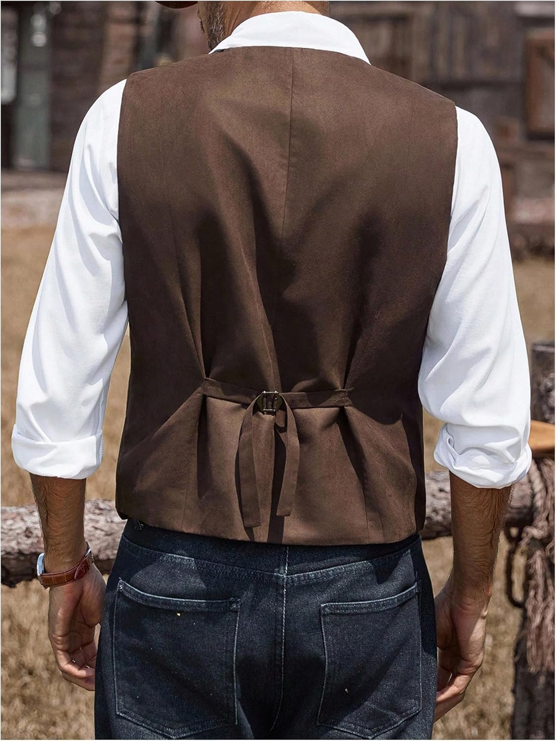 WDIRARA Men's Western Suit Vest Button Up Waistcoat Faux Suede Cowboy Vests - Image 2