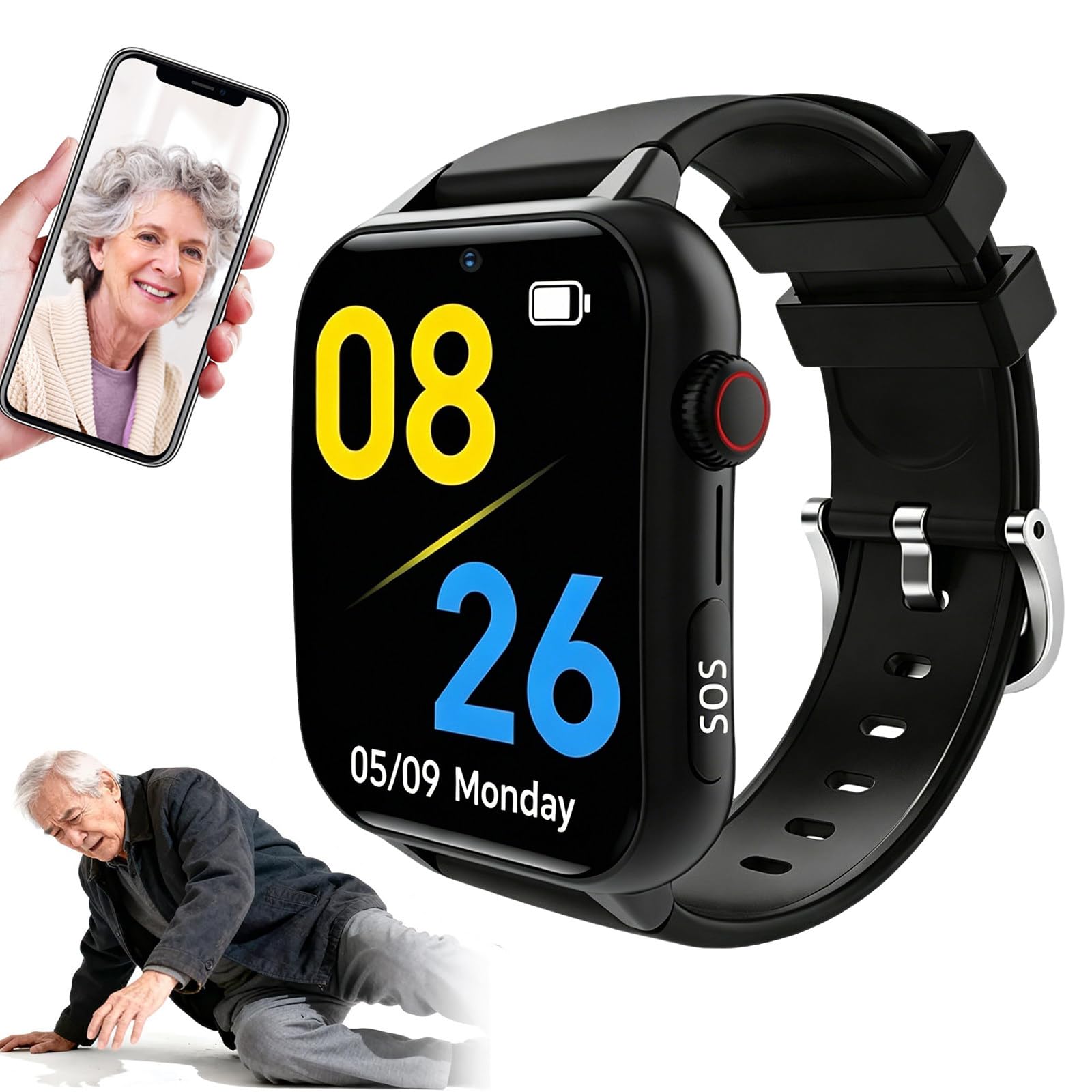 Montre pour Personne AgéE, Traceur GPS & Bouton SOS, écran HD 1,83in, Montre Urgence Senior avec Détection de Chute/Appel Vidéo HD et, Étanche IP67, Carte SIM Requise pour Alzheimer Black