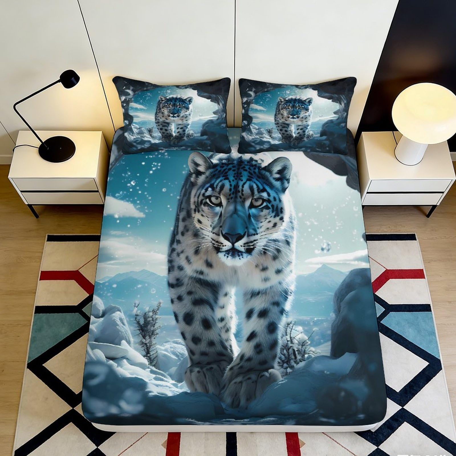 3D Printed Snow Leopard Fitted Sheet Microfiber Anti-Slip Winter Mountain Bed Cover for Bedroom Dorm Mattress Protection Decor 90x200x25cm