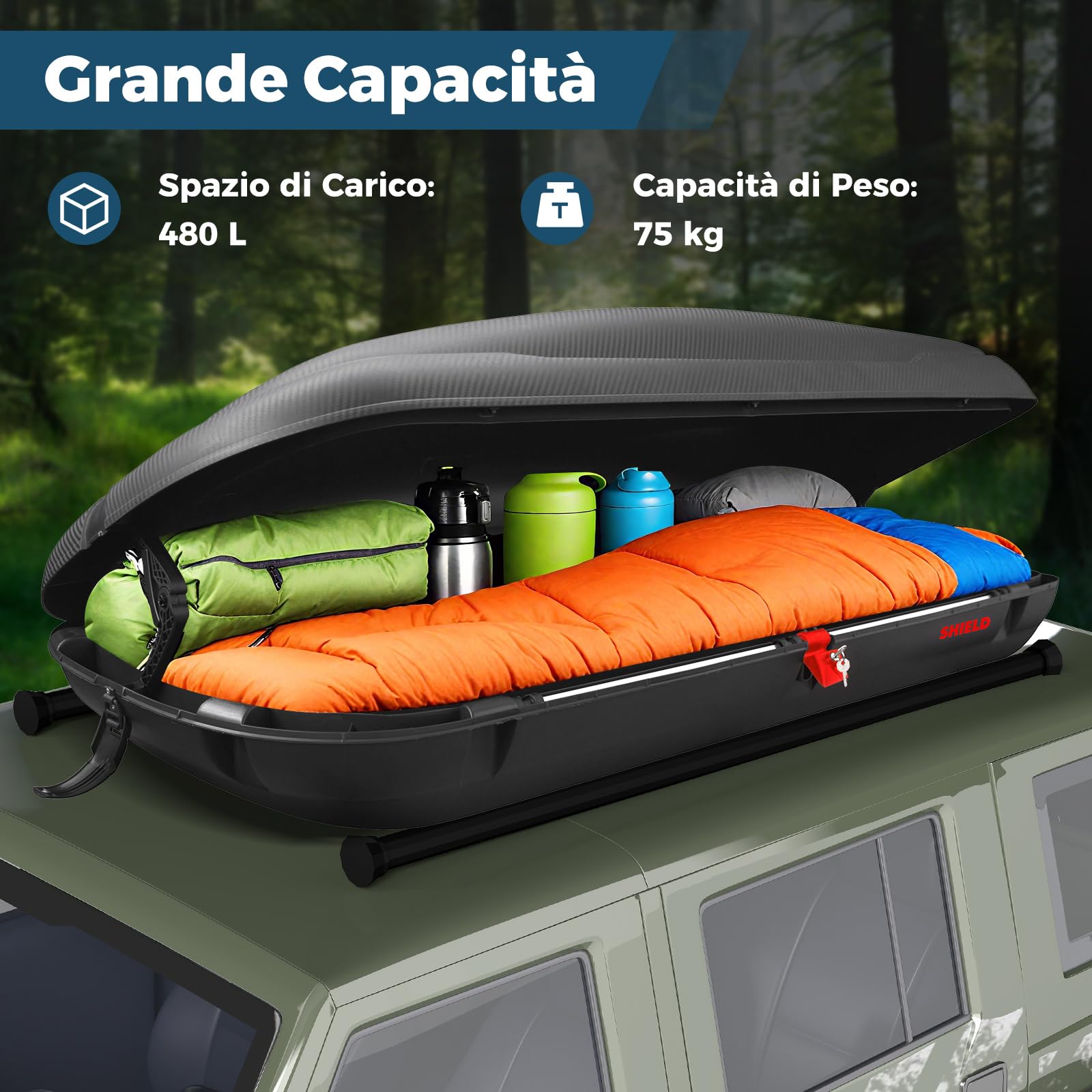 COSTWAY Box da Tetto per Auto XL, Baule Tetto Universale Rigido Impermeabile Super Resistente in Fibra Carbonio e Metallo, Portapacchi per Auto con Chiavi, Capacità 75 kg (201 x 79 x 38 cm)