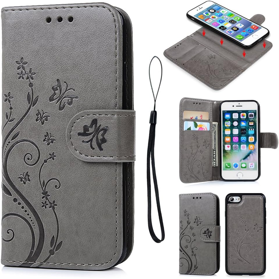 iPhone 7 Case, Pincenti iPhone 7 Wallet Case PU Embossed Butterfly Flower Leather Detachable Wallet with Card Holder and ID Slot Cover for iPhone 7 4.7 Inch (Grey)