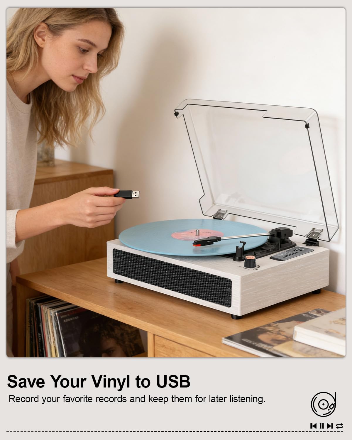 Gramofon Bluetooth, 3-biegowy, retro, winylowy, z wbudowanymi głośnikami, wejście AUX, automatyczne zatrzymanie, nagrywanie USB, napęd pasowy, biały