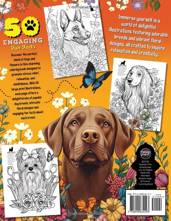 Adorable Breeds: Dogs and Flowers Coloring Book, 50 Large Print Illustrations with Fun Facts and Floral Designs for Adults, Teens and Seniors to Enjoy ... Animals, Dogs, Cats, Butterflies and Birds!) image 3