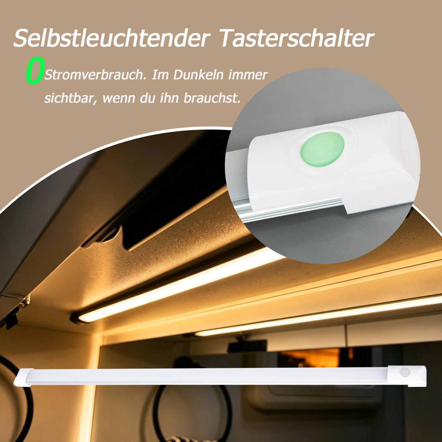D-lite LED Lichtleiste 12V 60CM für Wohnmobil, 12V Unterbauleuchte Dimmbar, Schlankes Design, Warmweiß 3000K, LED Leiste mit Schalter, Ideal für Wohnwagen, Küche, Camper, Van und Boot