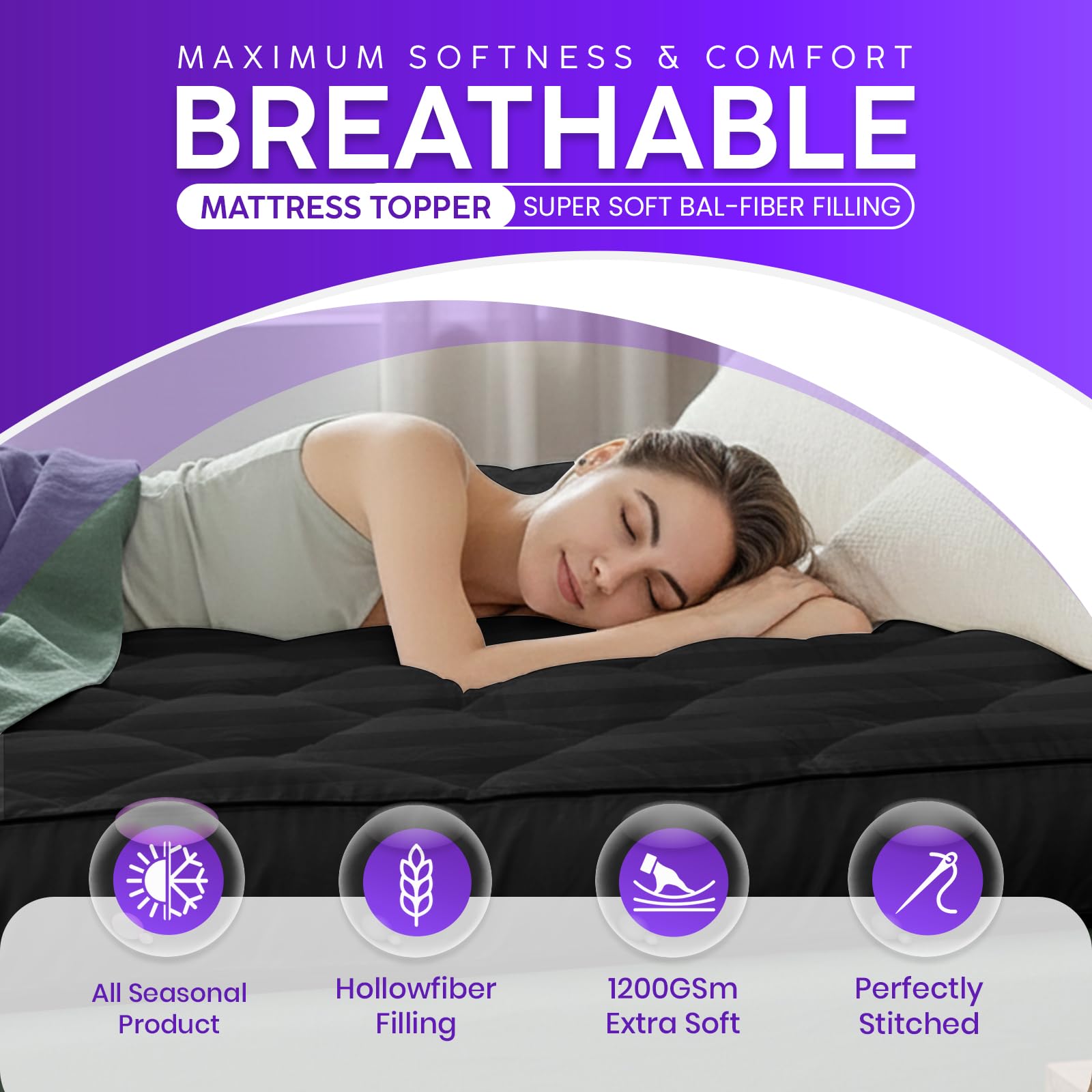 Linens World Mattress Topper Double Bed 10cm Thick, Quilted Super Soft Microfiber Topper, 1200GSM Anti-Allergy Fiber Fill, Washable with Strong Elastic Straps for Extra Comfort (137×190cm) — view 12