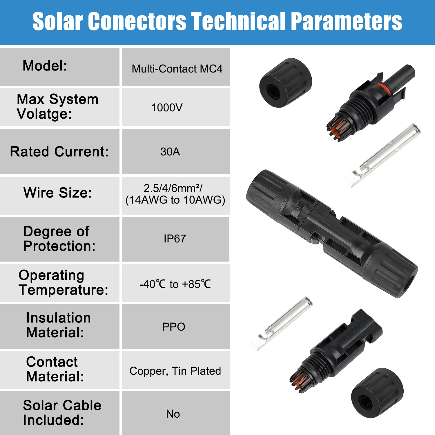 50 paia di connettori MC4, connettori per pannelli solari, IP67, 1000 V, 30 A, impermeabili, maschio/femmina (50 paia di connettori per 2,5/4/6 mm² con 2 chiavi)