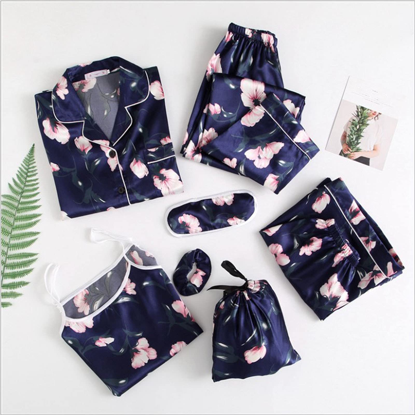 Sheey Juego de 7 Piezas Conjunto de Pijama Fino para Mujer, Ropa de Dormir Cómoda y Suave para Primavera Verano Otoño Invierno Fiesta, Inicio