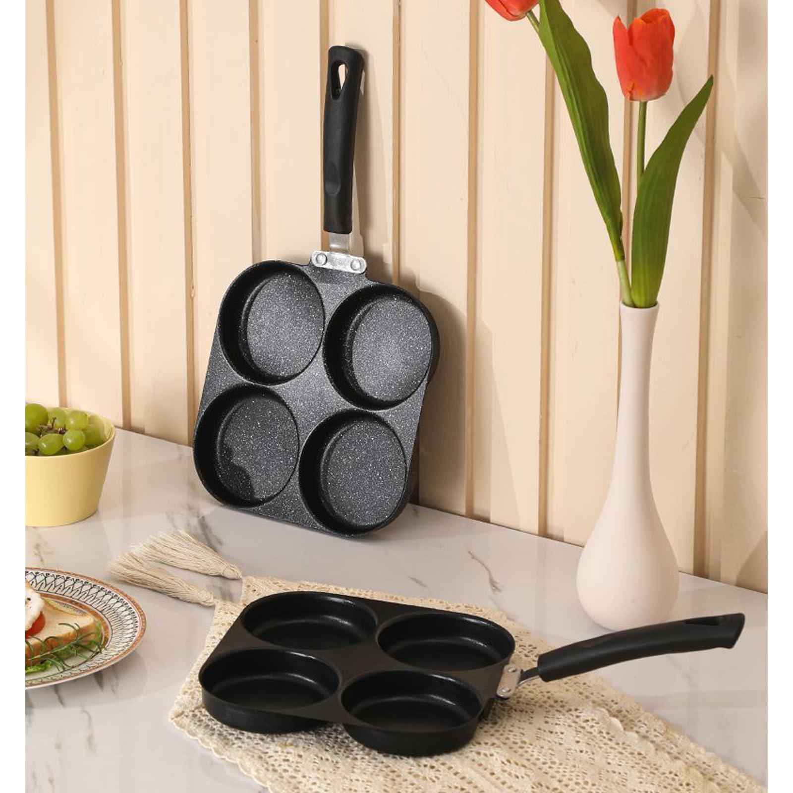 Spiegeleipfanne, 4 Tassen, Omelettpfannen, antihaftbeschichtet, vielseitige Frühstückspfanne, Omelettpfanne, Aluminiumlegierung, Eierkocher für Eier, Pfannkuchen, Plett, Crepes, kompatibel