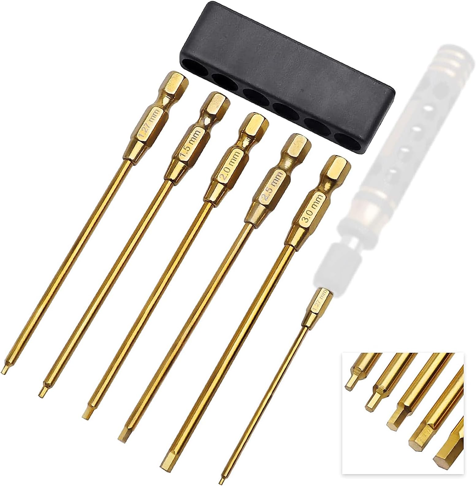 Titanium 1/4" Drive RC Hex Driver Bit Set 1.27mm 1.5mm 2.0mm 2.5mm 3.0mm Allen Wrench Keys Compatible with Electric Drills Impact Drill (5-Pack)
