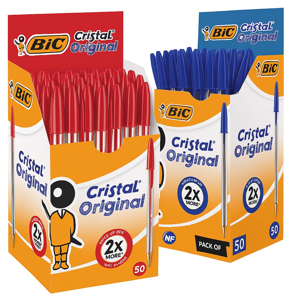 BIC Kugelschreiber Cristal Original Bundle – 100 Stück (50x Rot + 50x Blau) – 0,4mm Strichstärke – Ideal für Büro, Schule & Home Office