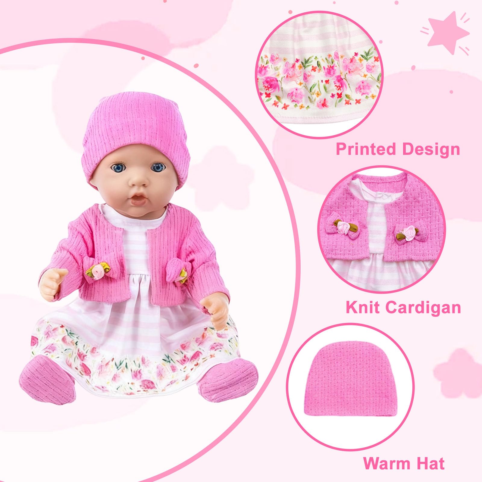 WanderGo Baby Doll Clothes 35-43 cm, 6-piece Outfit with Pink Cardigan + Floral Dress + Socks + Hat + 2 Hangers - Image 4