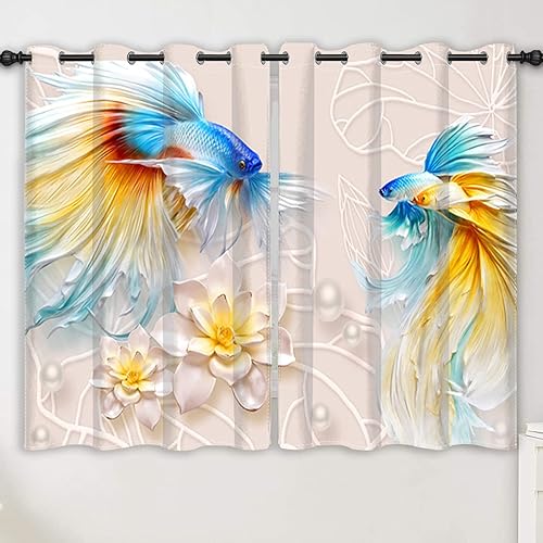 Miniatura 3 de Renaiss Cortinas opacas 3D Goldfish de 42 pulgadas de ancho x 96 pulgadas de alto, juego de 2 paneles de cortinas orientales con diseño de pez