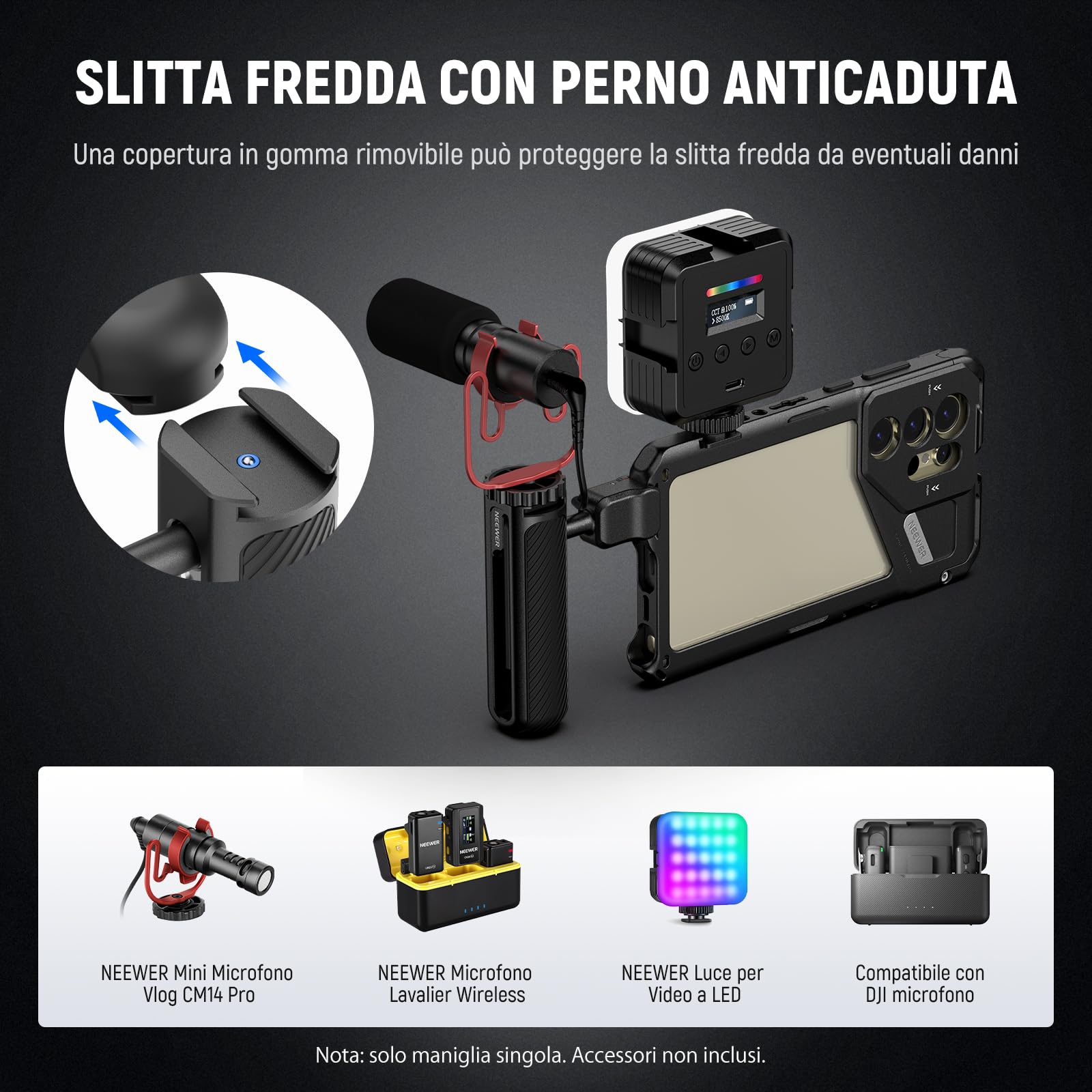 NEEWER Maniglia Laterale a Sgancio Rapido per Gabbia Telefono PA073 PA074 per iPhone 16 Pro/16 Pro Max, PA042 per Samsung S24 Ultra, con Cold Shoe Coperta, Perno Anti Caduta, Blocco Nero, PA045B