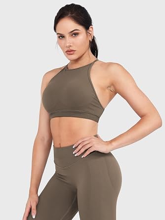 HIGORUN Seamless Sports Bras for Women Backless Padded Workout Bra High Neck Medium Support Strappy Gym Yoga Crop Tank Top