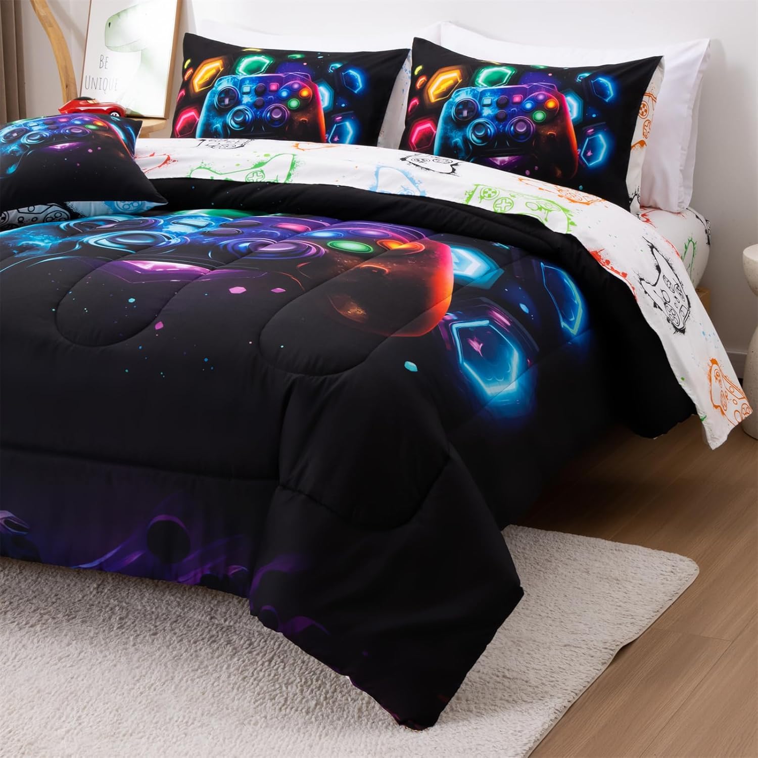 Aimuan Game Console Comforter Set for Boys Girls Kids Space Universe Gaming Geometric Lightweight Microfiber Gamer Bedding Sets (Black-Multi, Full 6Pcs)