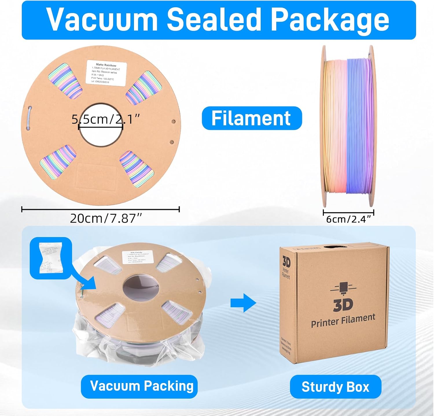 Matte Rainbow PLA Filament 1.75mm 1KG Spool (2.2 LBS), Dimensional Accuracy +/- 0.03mm, Neatly Wound 3D Printer Filament, Individually Vacuum Packed Fit Most FDM Printers