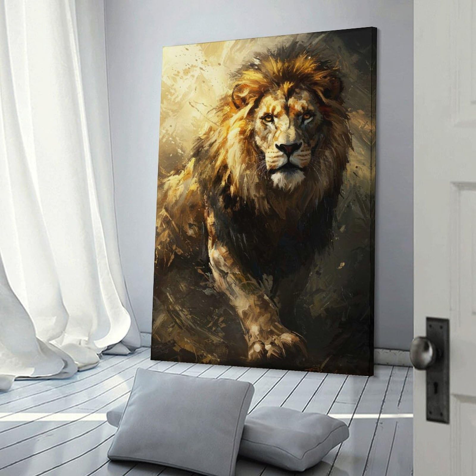 Junmoney Frame-Style-4 Majestic Lion Portrait Poster, Picture, Metal Print, Paint By Bre Hanging Wall Art, 20X30inch(50X75cm), For Entrance Walls, Hall Decor Or Foyers, Wall Decor To Refresh Empty Corners
