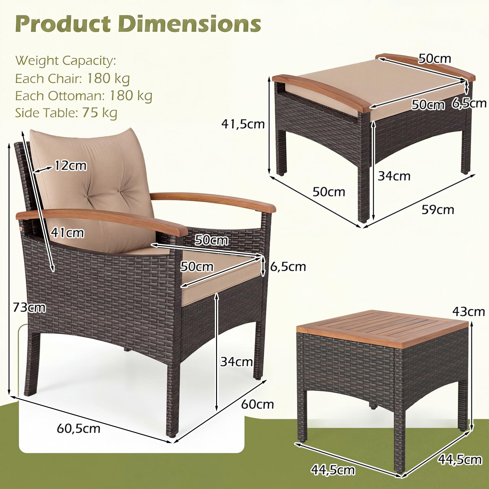 GIANTEX 5er Rattan Gartenmöbel Set, Balkonmöbel Set 2 Sessel & 2 Fußhocker & 1 Couchtisch, 5 tlg. Gartengarnitur Gartenlounge Set, Balkonset Möbel Rattanmöbel, Rattan Sessel mit Kissen(5er Set, Khaki)